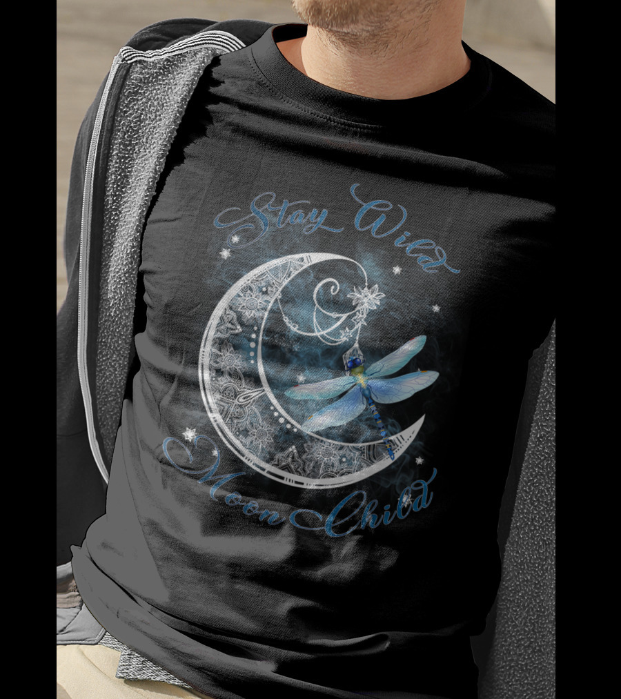 Stay Wild Moon Child Dreamy Dragonfly On Crescent Moon T-Shirt