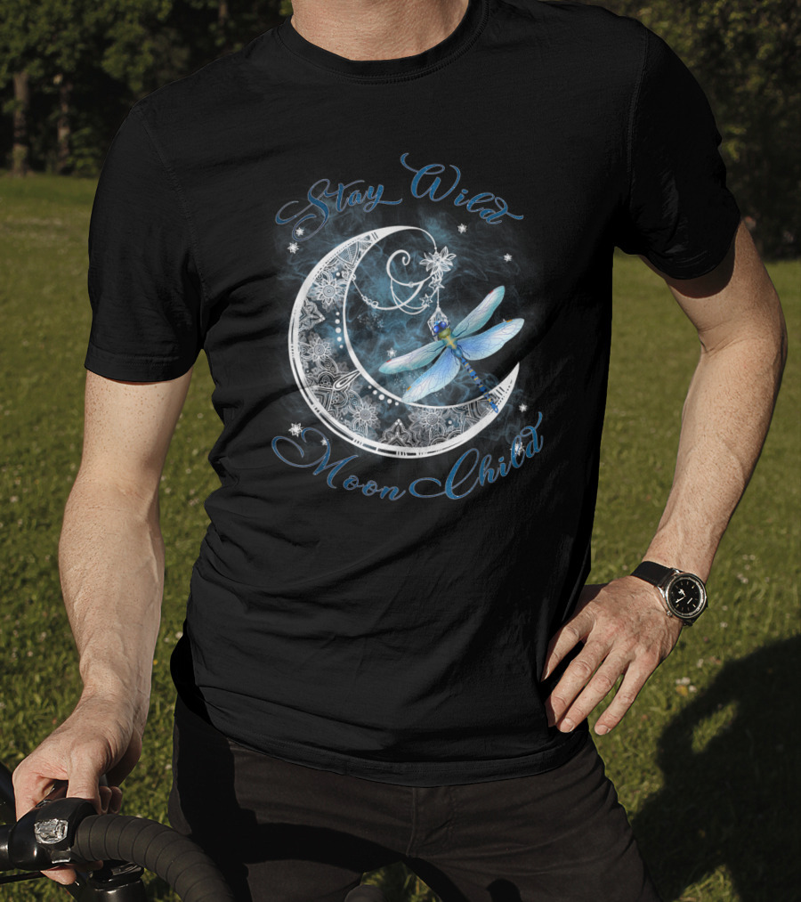 Stay Wild Moon Child Dreamy Dragonfly On Crescent Moon T-Shirt
