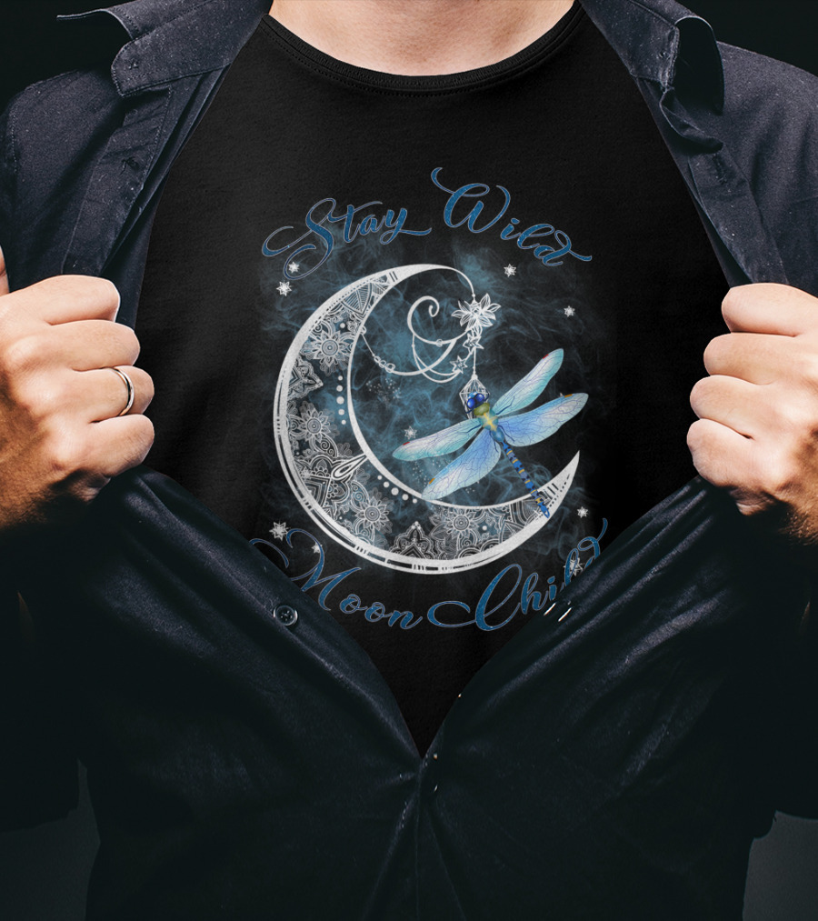 Stay Wild Moon Child Dreamy Dragonfly On Crescent Moon T-Shirt