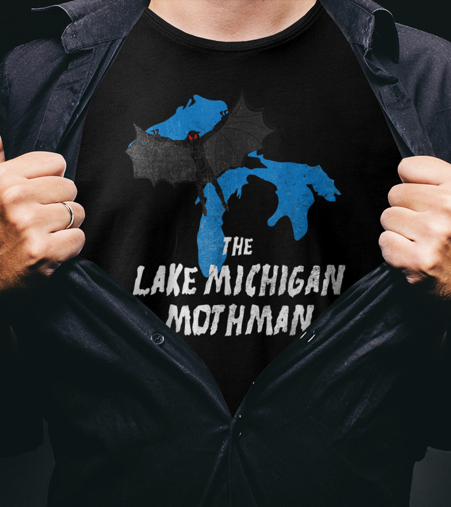 The Lake Michigan Mothman Over Michigan Map With Black And Red Bat Monster T-Shirt