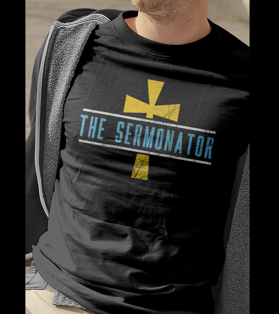 The Sermonator Distressed Cross Symbol Text T-Shirt