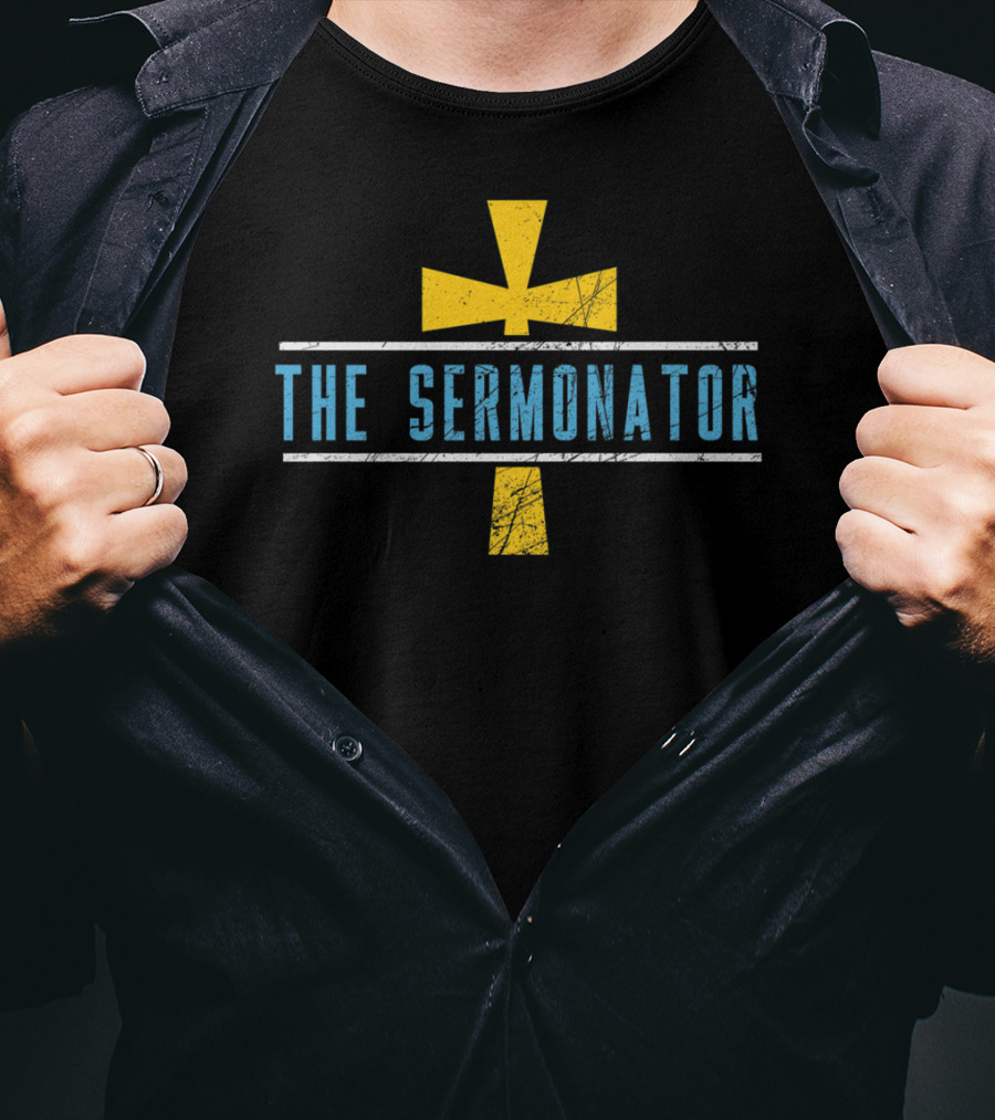 The Sermonator Distressed Cross Symbol Text T-Shirt