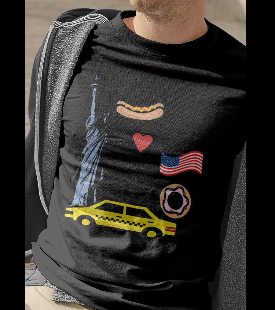 I Heart New York Top Spots Statue Of Liberty Taxi Fifth Avenue Hot Dog Jazz Donut American Flag T-Shirt