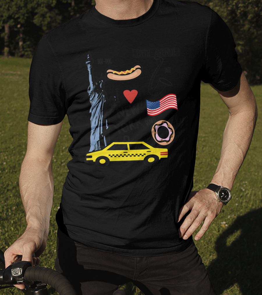 I Heart New York Top Spots Statue Of Liberty Taxi Fifth Avenue Hot Dog Jazz Donut American Flag T-Shirt