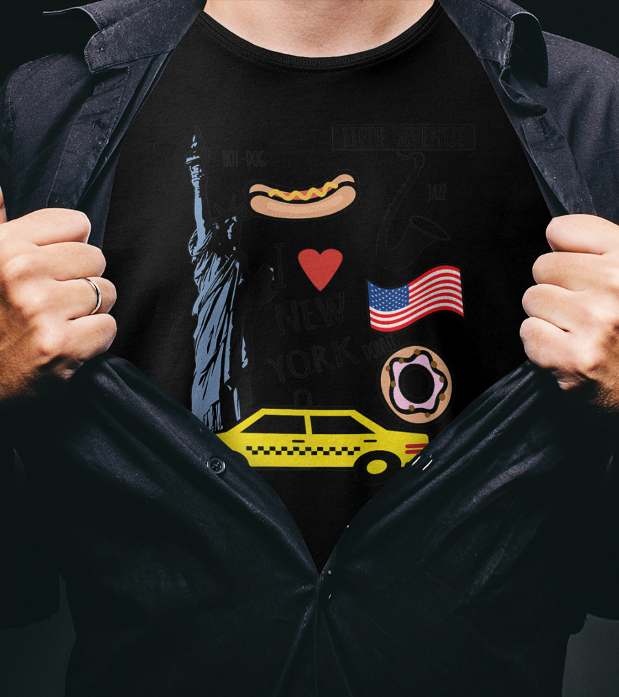 I Heart New York Top Spots Statue Of Liberty Taxi Fifth Avenue Hot Dog Jazz Donut American Flag T-Shirt