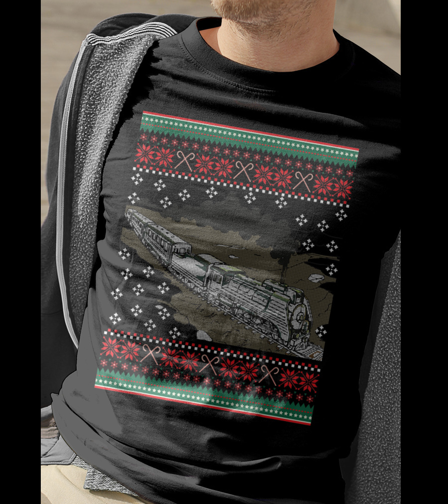 Steam Engine Train Ugly Christmas Pattern Railroad T-Shirt