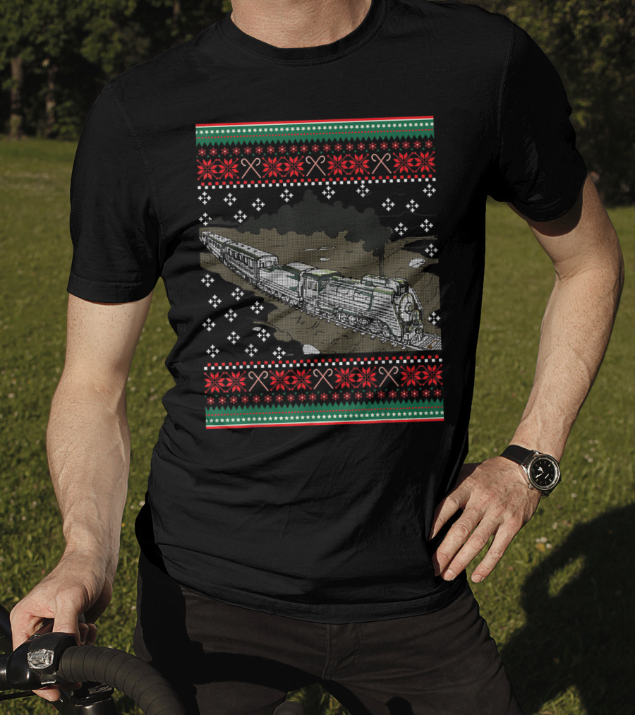 Steam Engine Train Ugly Christmas Pattern Railroad T-Shirt