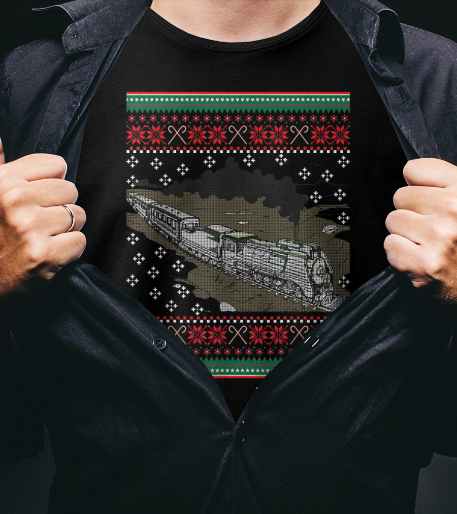 Steam Engine Train Ugly Christmas Pattern Railroad T-Shirt