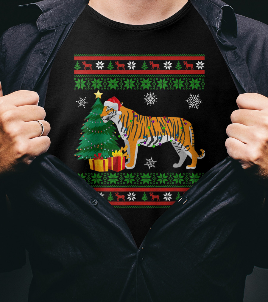 Tiger With Santa Hat And Christmas Tree Holiday Pattern Snowflakes And Reindeer T-Shirt