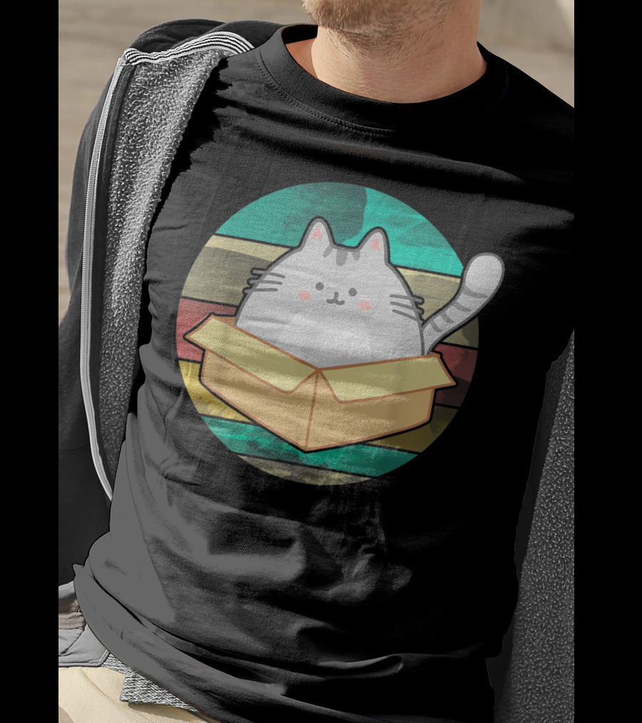 Retro Fat Cat In Box With Vintage Stripes T-Shirt