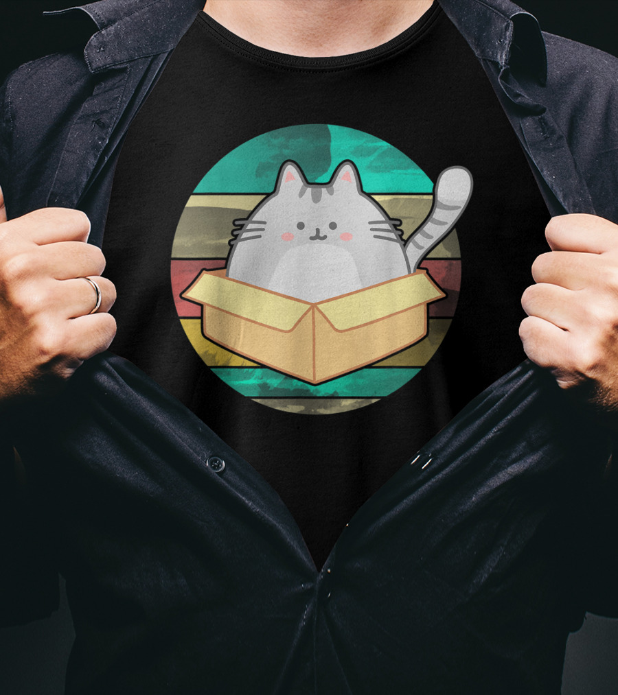 Retro Fat Cat In Box With Vintage Stripes T-Shirt