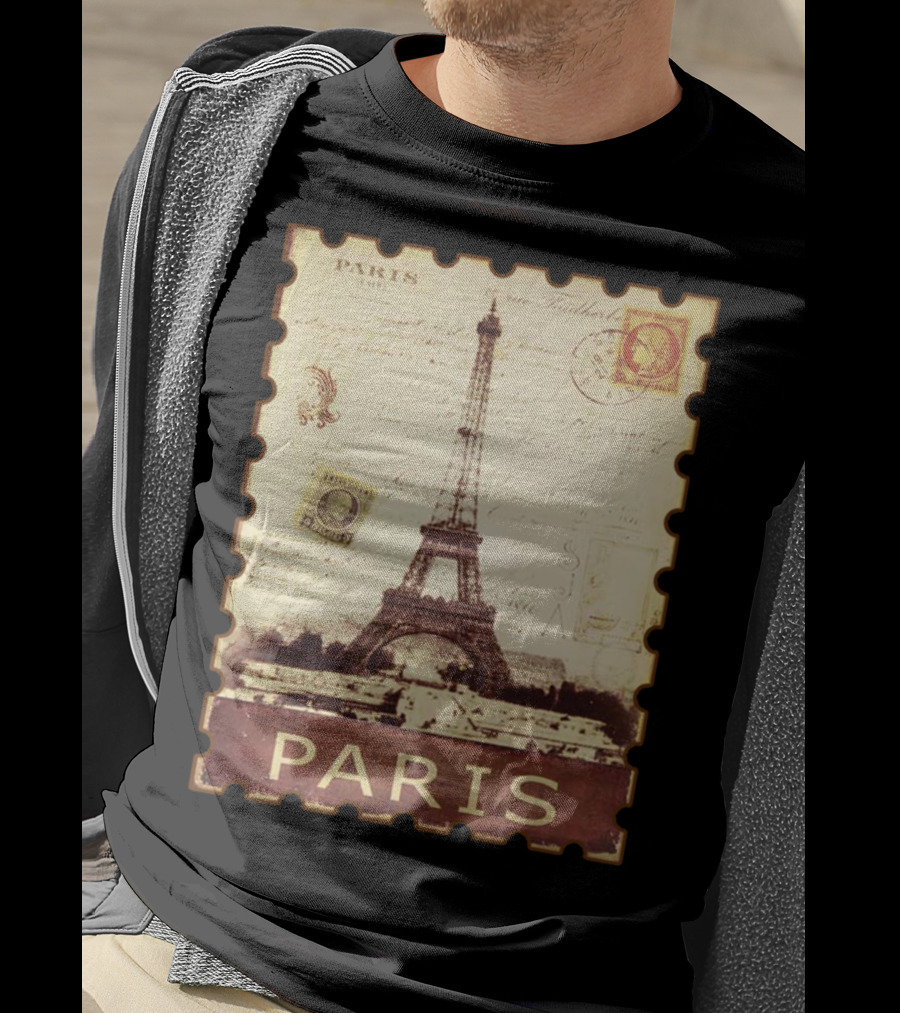 Vintage Eiffel Tower Paris Stamp With Distressed Paris Text T-Shirt