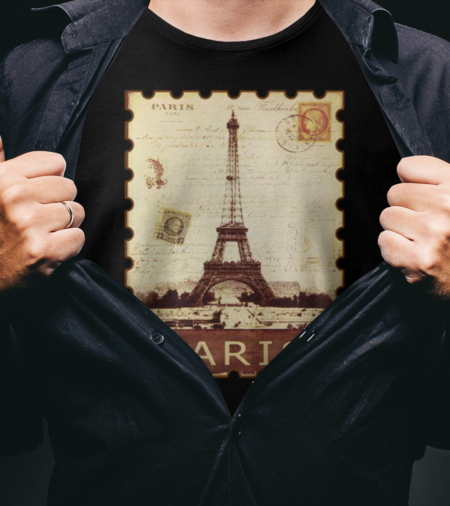 Vintage Eiffel Tower Paris Stamp With Distressed Paris Text T-Shirt