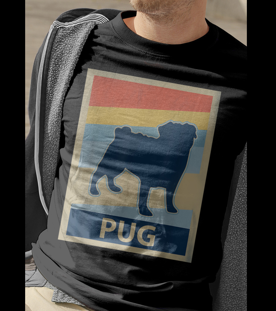 Vintage Pug Silhouette With Retro Stripes T-Shirt