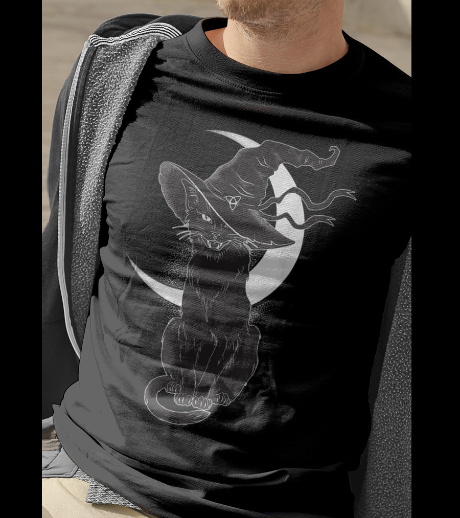 Vintage Scary Halloween Black Cat Sitting In Front Of Crescent Moon Wearing Witch Hat T-Shirt