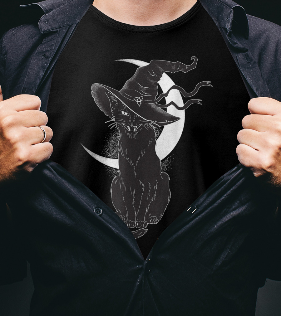 Vintage Scary Halloween Black Cat Sitting In Front Of Crescent Moon Wearing Witch Hat T-Shirt