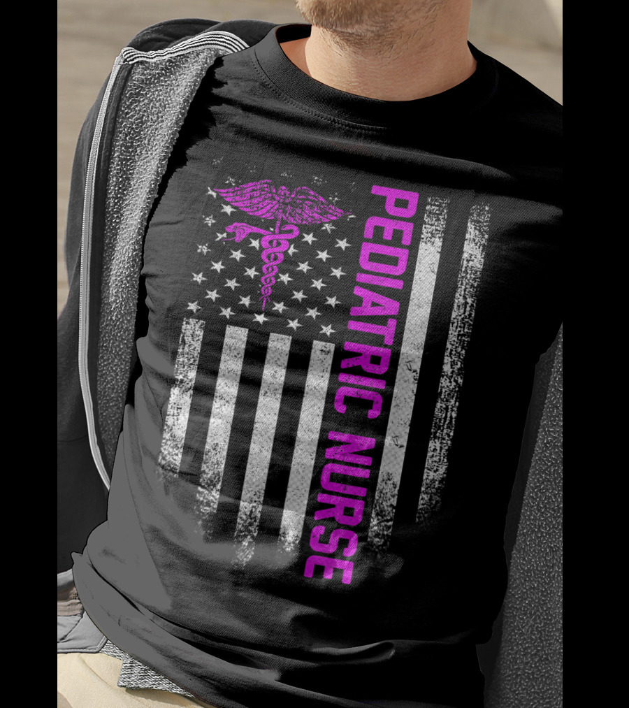 Pediatric Nurse American Flag Vintage USA Caduceus T-Shirt