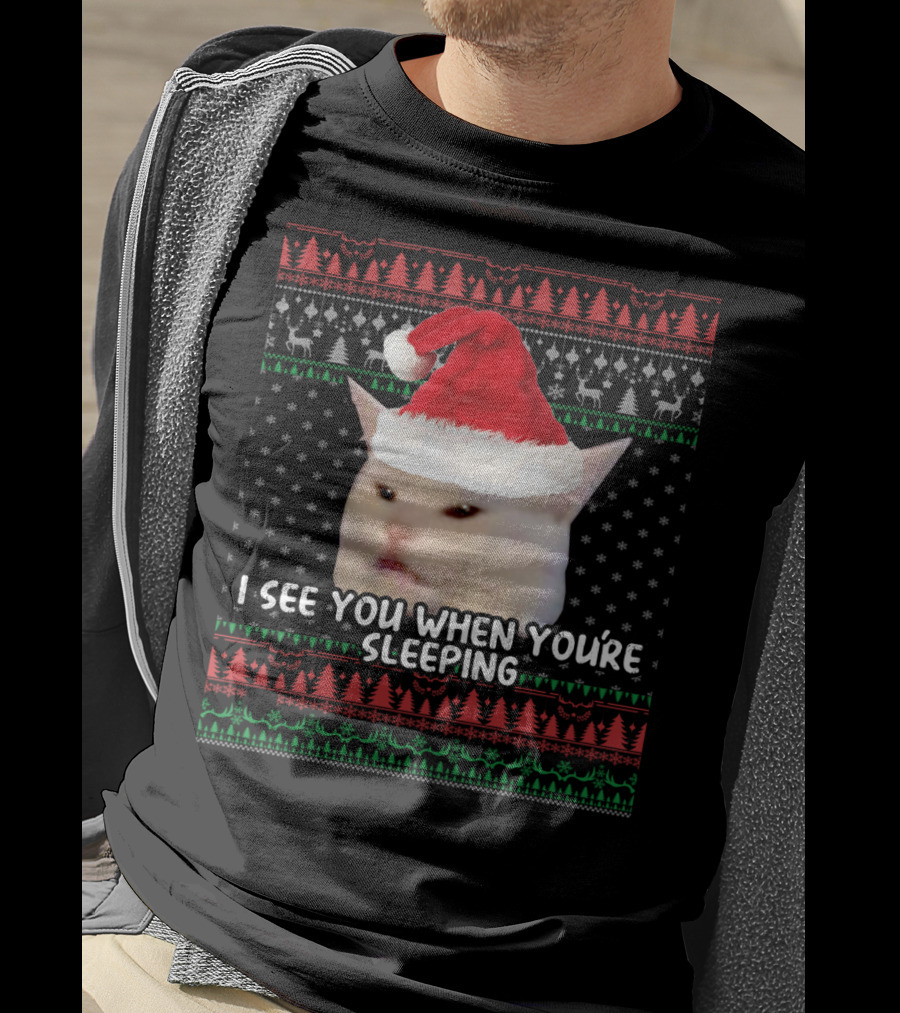 Smudge The Cat Santa Hat Christmas I See You When You're Sleeping T-Shirt