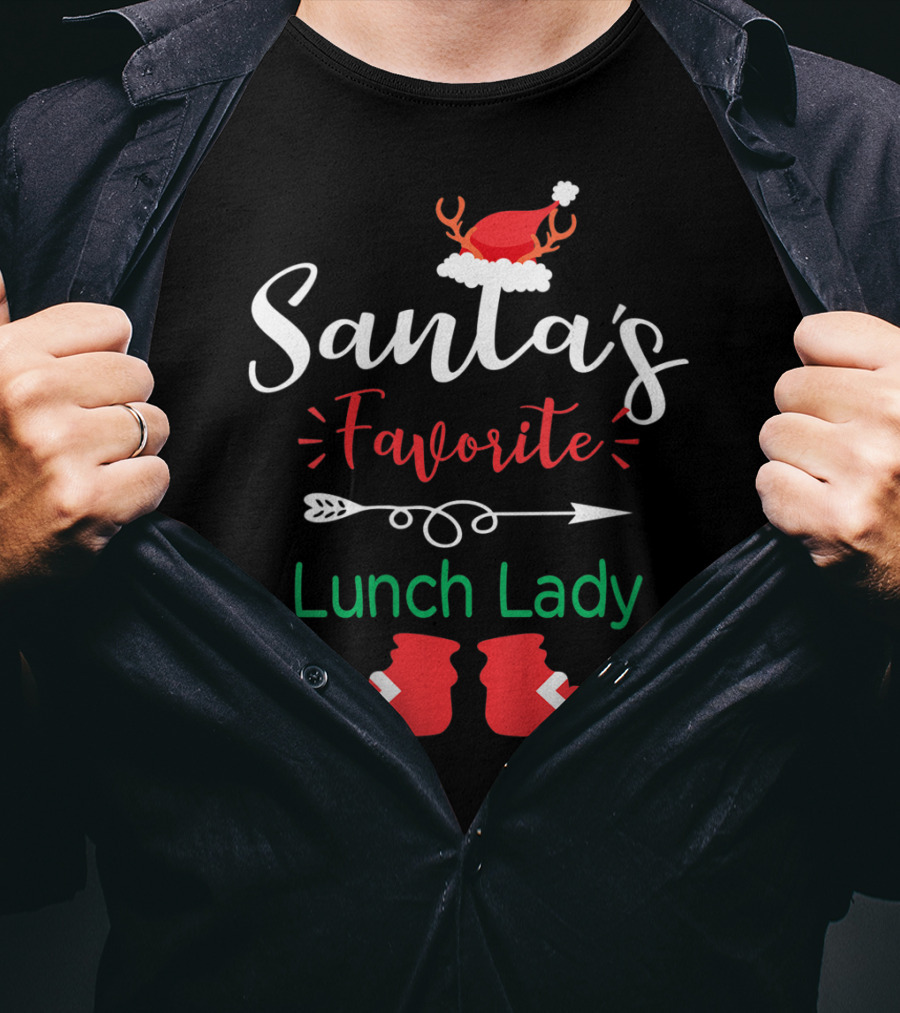 Santa's Favorite Lunch Lady Christmas Hat And Elf Boots T-Shirt