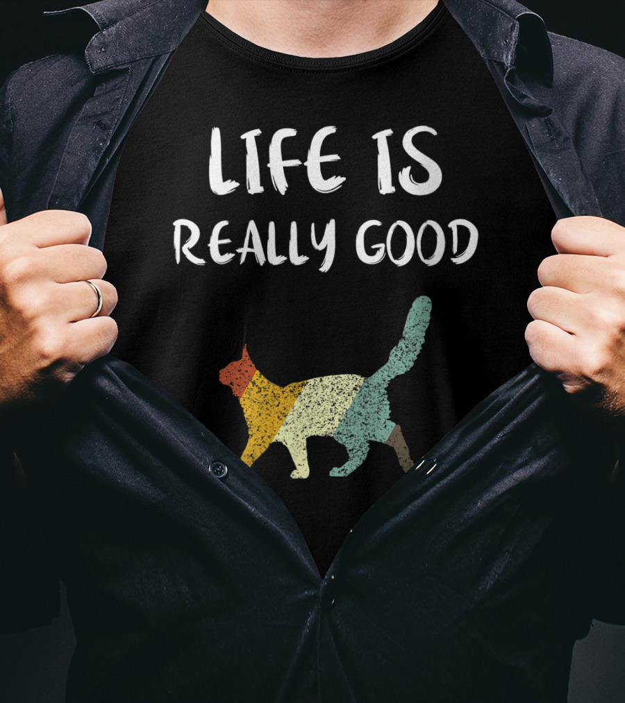 Life Is Really Good Vintage Cat Multicolor T-Shirt