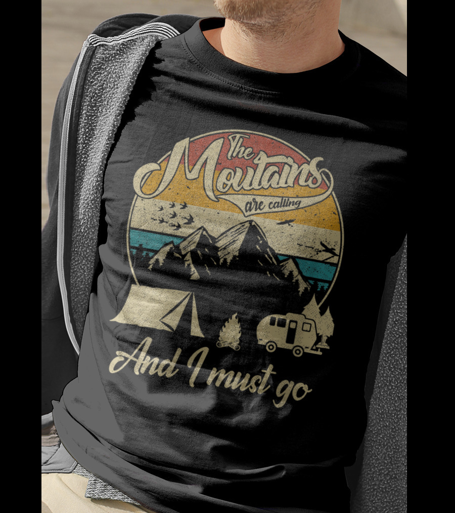 The Mountains Are Calling And I Must Go Vintage 80s Camping Scene T-Shirt