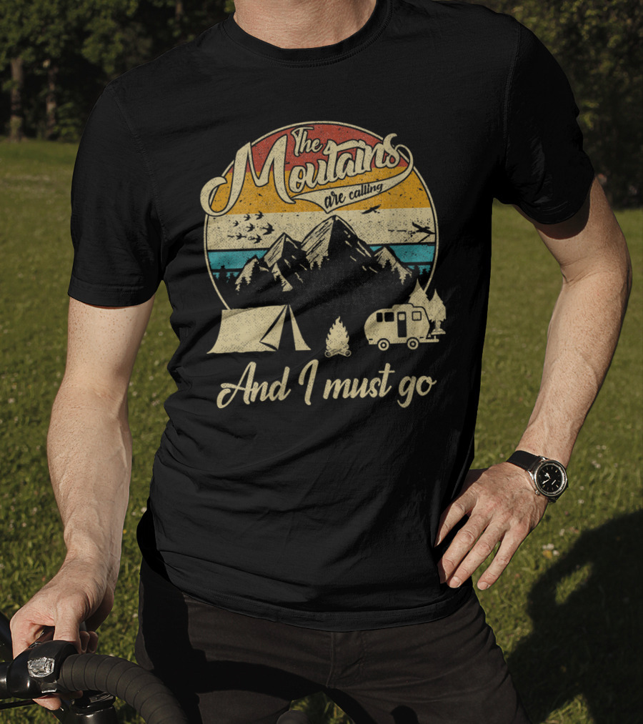 The Mountains Are Calling And I Must Go Vintage 80s Camping Scene T-Shirt