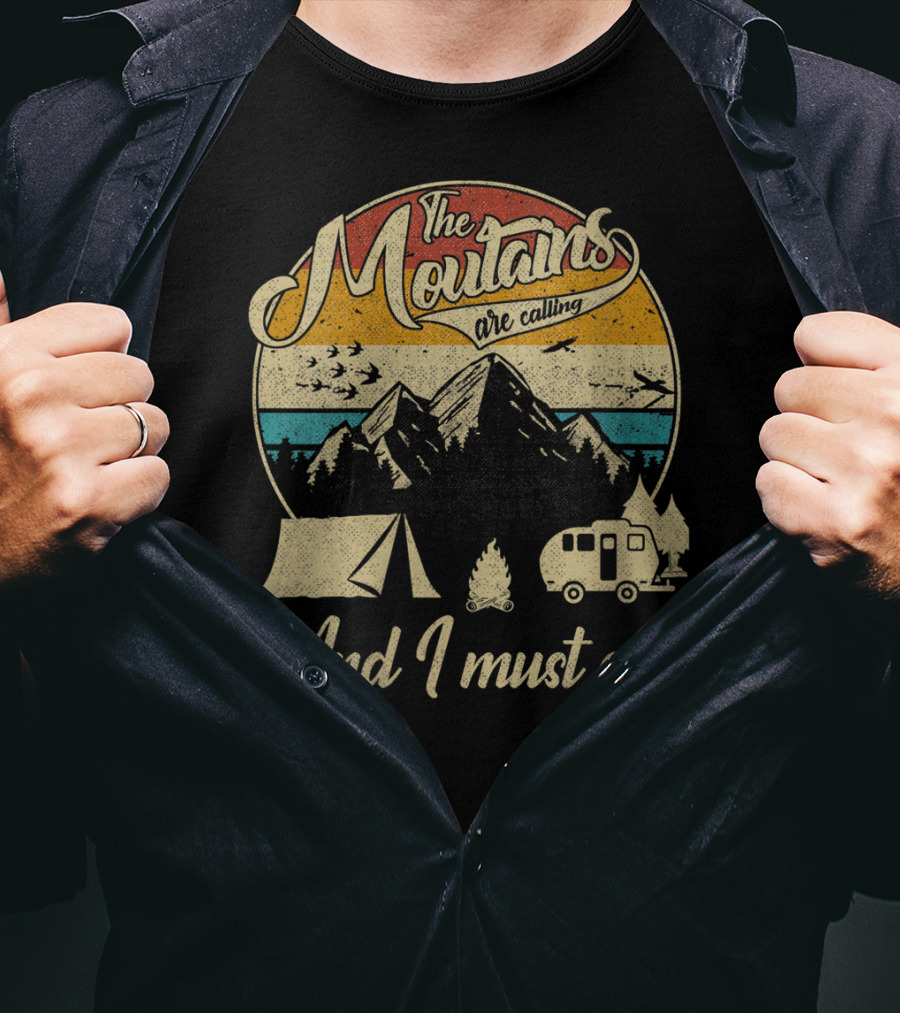 The Mountains Are Calling And I Must Go Vintage 80s Camping Scene T-Shirt