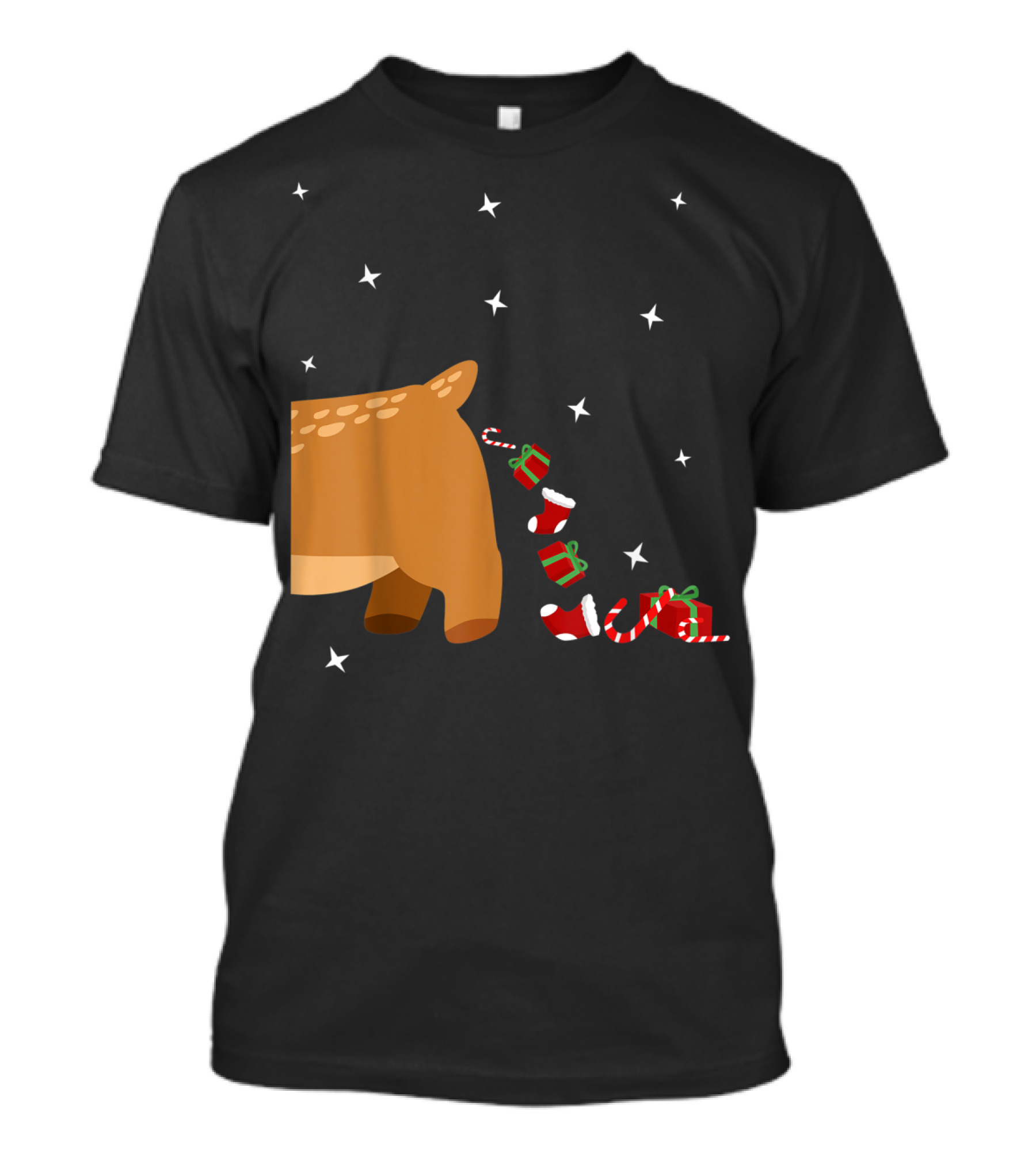 Xmas Sick Reindeer Costume Matching Couple With Stars And Falling Candy Cane Presents T-Shirt