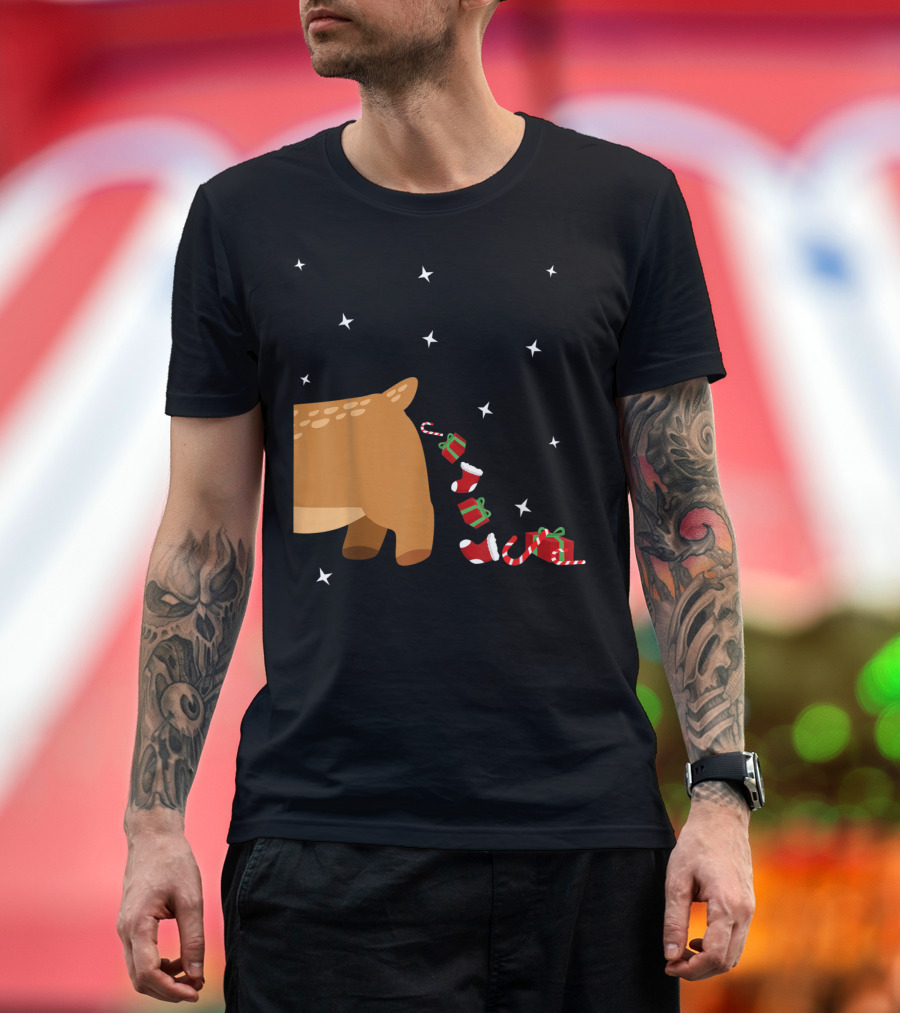 Xmas Sick Reindeer Costume Matching Couple with Stars and Falling Candy Cane Presents T-Shirt
