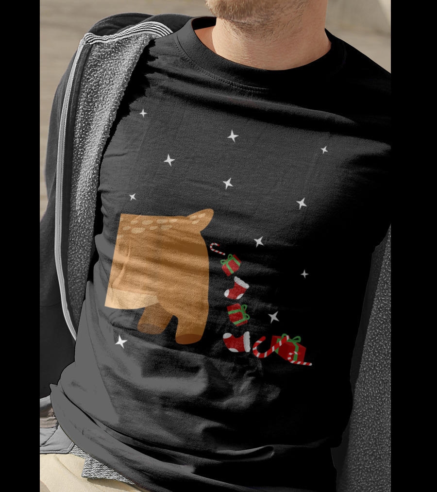 Xmas Sick Reindeer Costume Matching Couple With Stars And Falling Candy Cane Presents T-Shirt