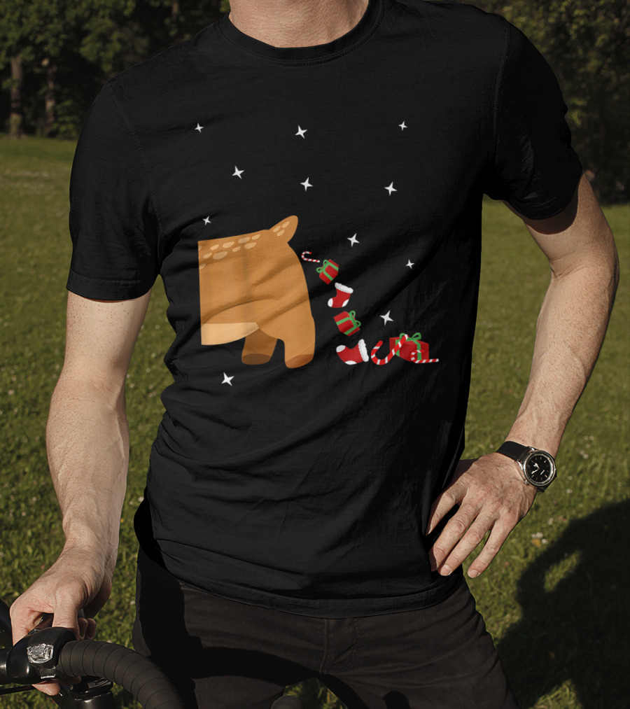 Xmas Sick Reindeer Costume Matching Couple With Stars And Falling Candy Cane Presents T-Shirt