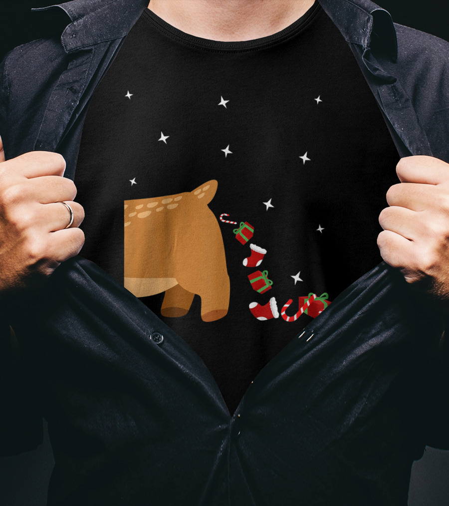 Xmas Sick Reindeer Costume Matching Couple With Stars And Falling Candy Cane Presents T-Shirt