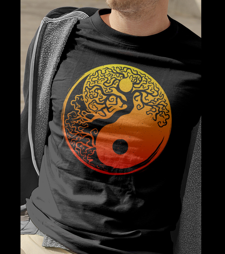 Yin Yang Bonsai Tree Japanese Golden Sun Circle T-Shirt
