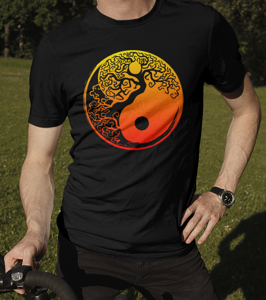 Yin Yang Bonsai Tree Japanese Golden Sun Circle T-Shirt