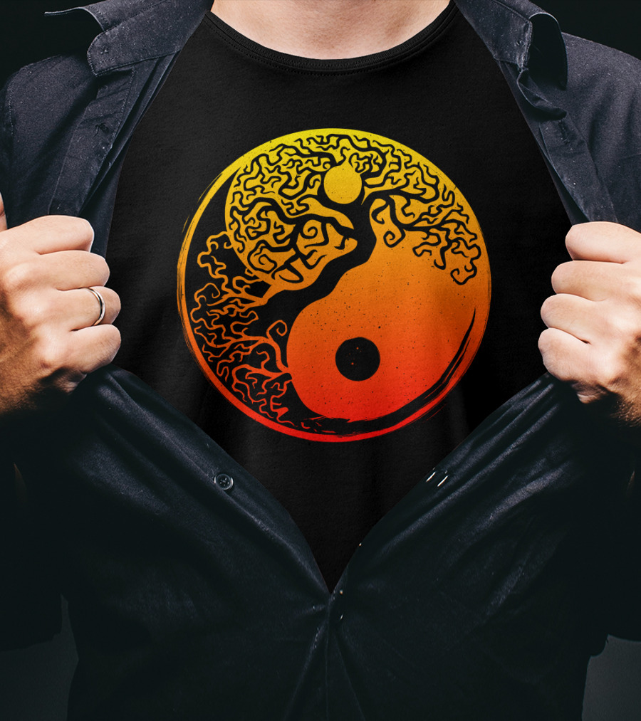 Yin Yang Bonsai Tree Japanese Golden Sun Circle T-Shirt