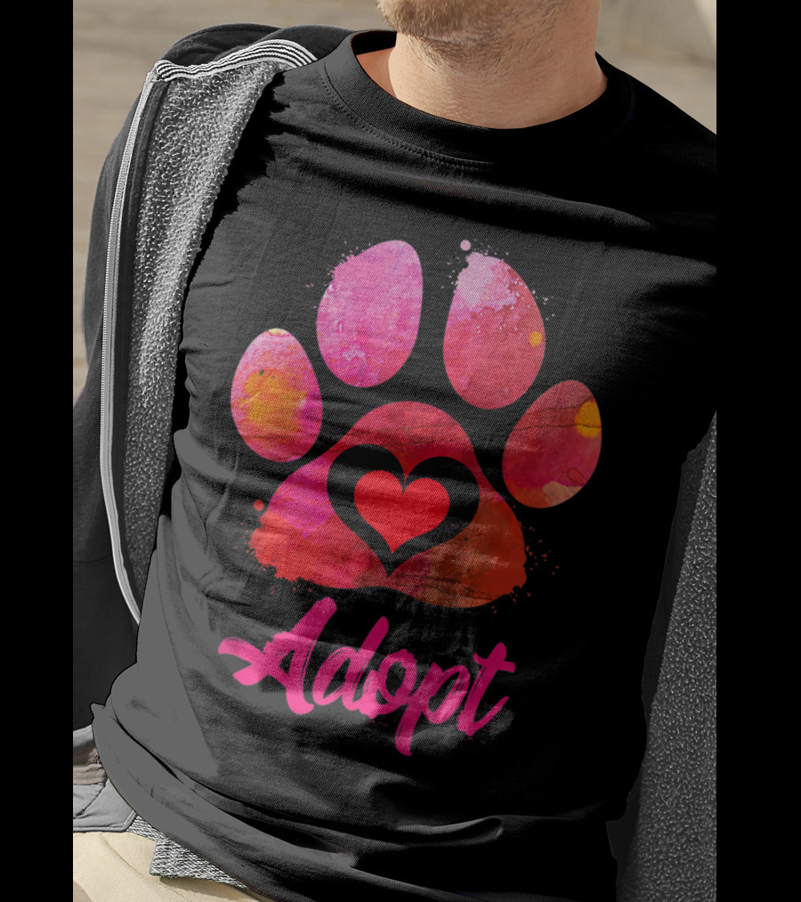 Adopt Love Watercolor Heart Paw Rescue Animal Lover T-Shirt