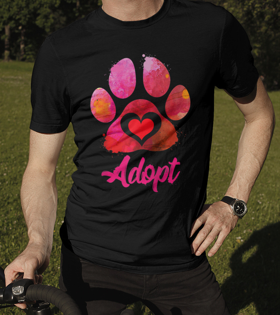 Adopt Love Watercolor Heart Paw Rescue Animal Lover T-Shirt