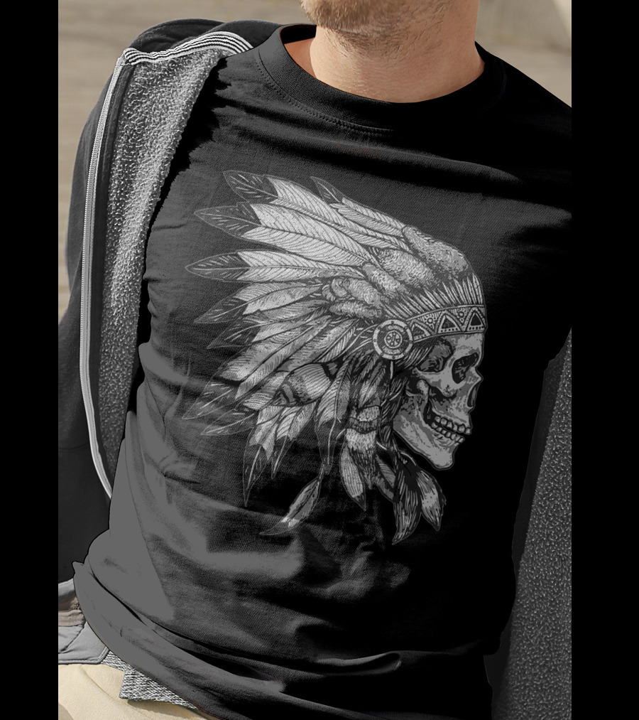 American Motorcycle Skull With Native Indian Eagle Feather Headdress T-Shirt