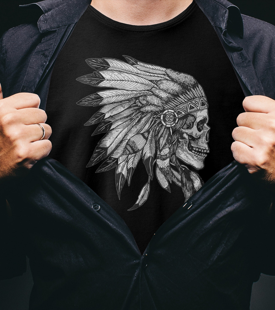 American Motorcycle Skull With Native Indian Eagle Feather Headdress T-Shirt