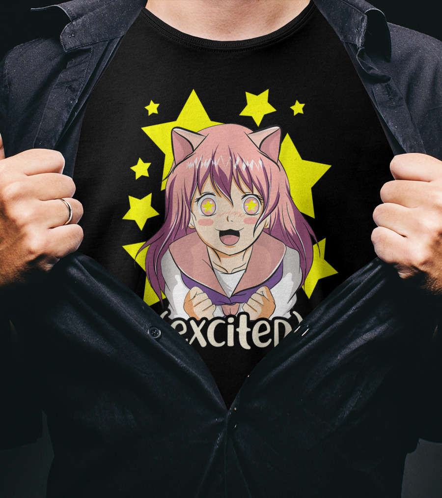 Anime Japanese Cat Girl Excited Star Eyes Manga T-Shirt