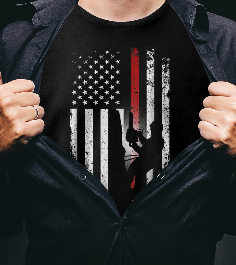 Patriotic Arborist Distressed American Flag With Climber And Chainsaw T-Shirt