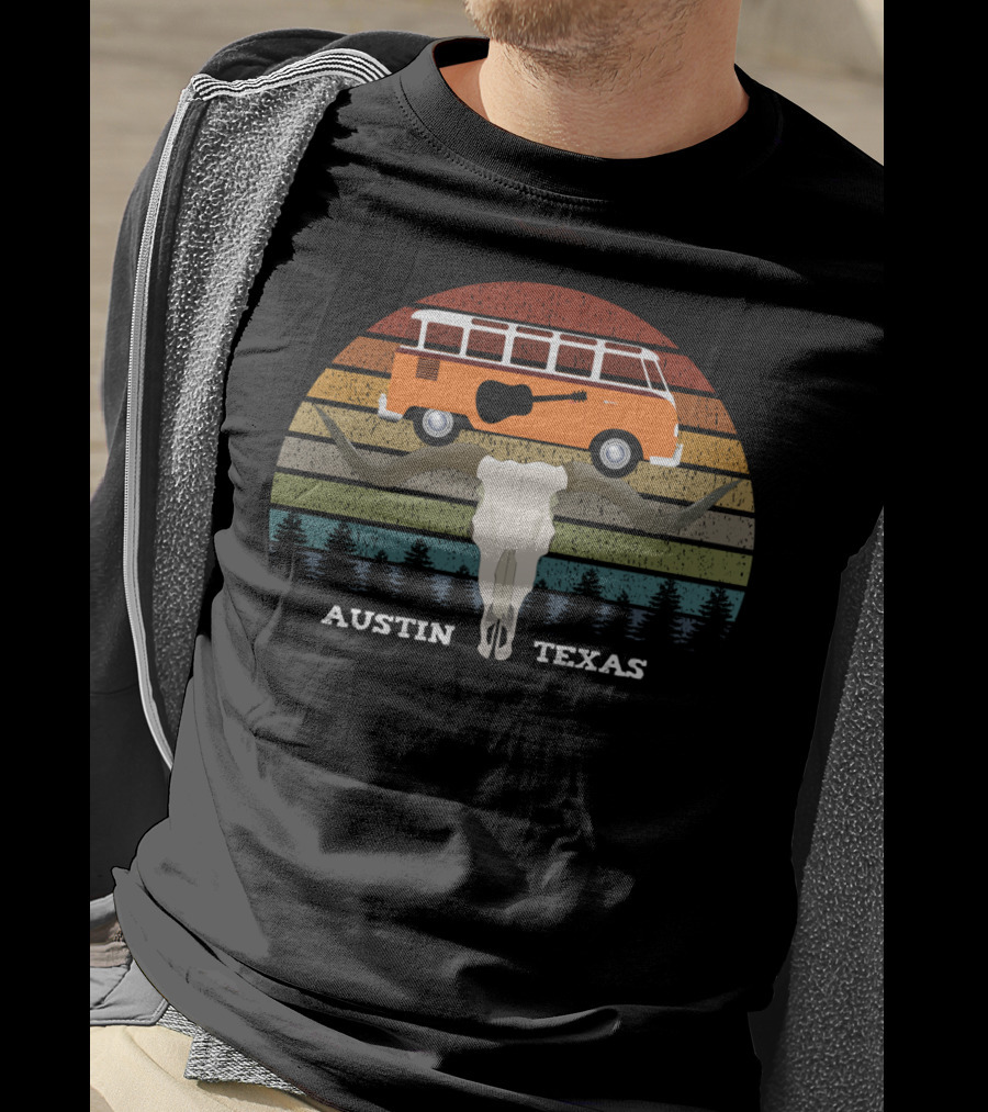 Austin Texas Sunset Van Guitar Skull Forest Vintage T-Shirt