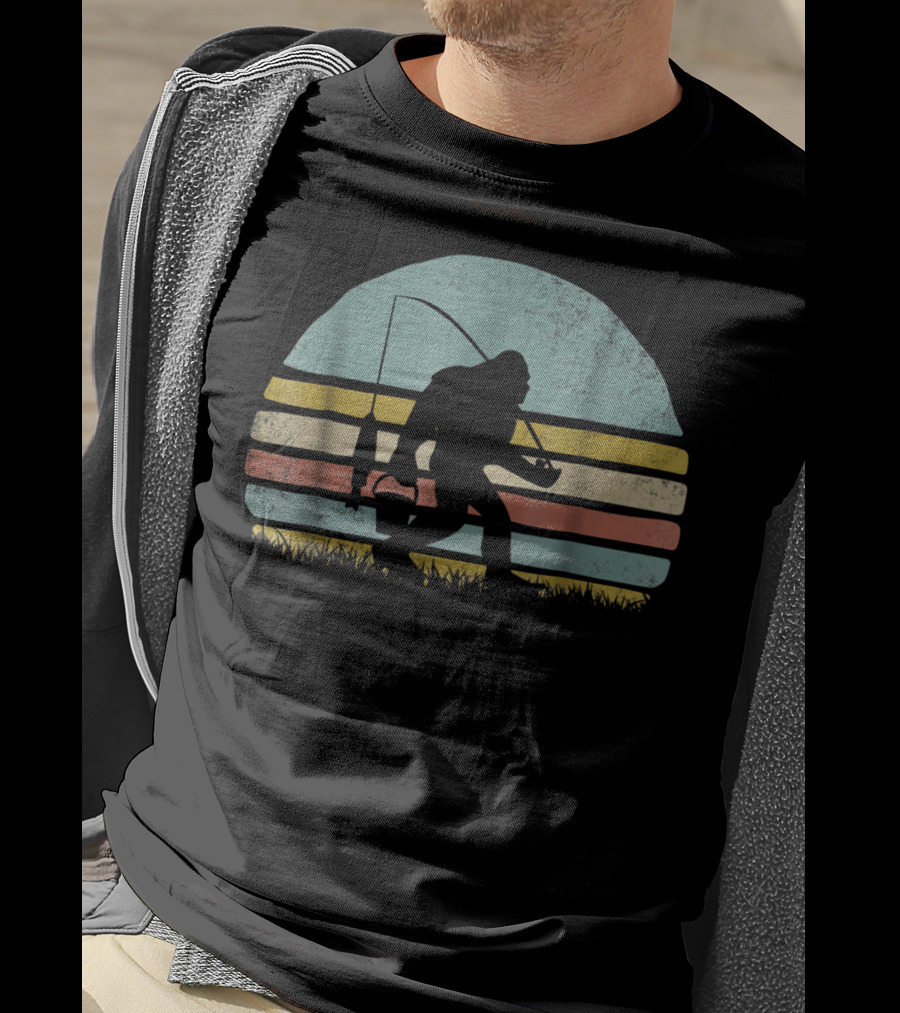 Awesome Bigfoot Fishing At Sunset Silhouette Retro Stripes T-Shirt