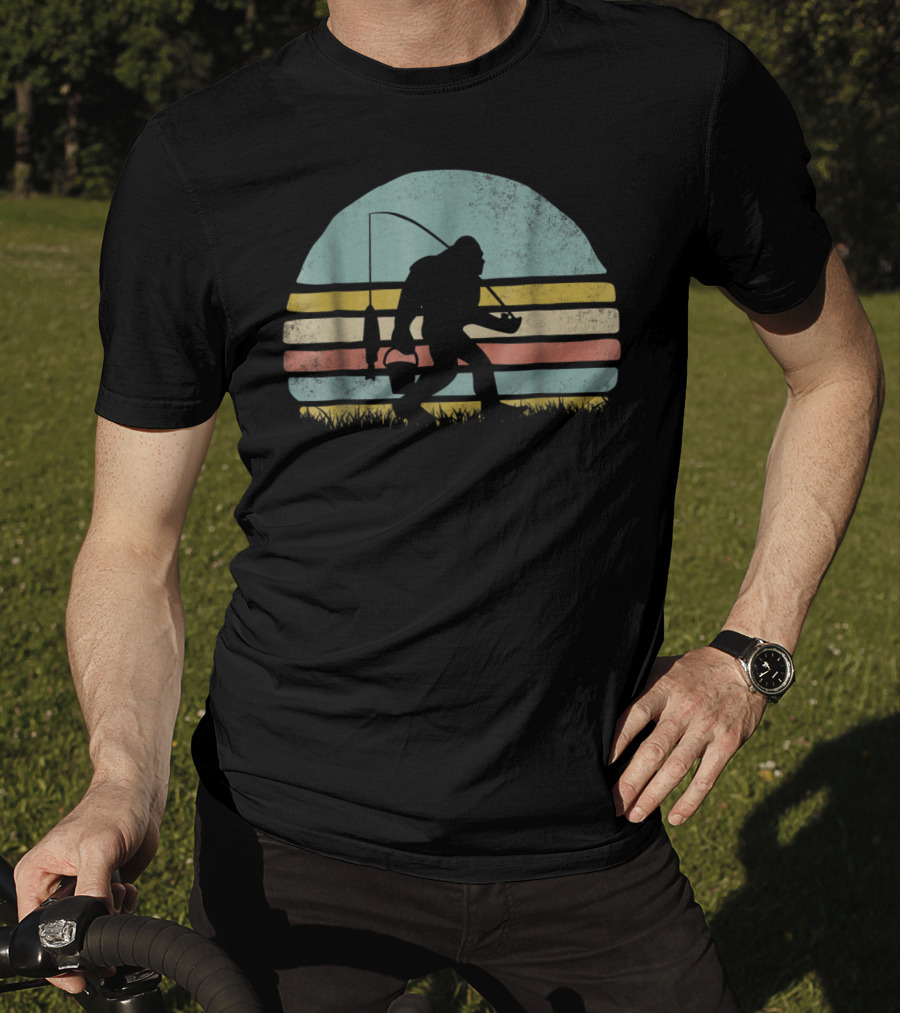 Awesome Bigfoot Fishing At Sunset Silhouette Retro Stripes T-Shirt