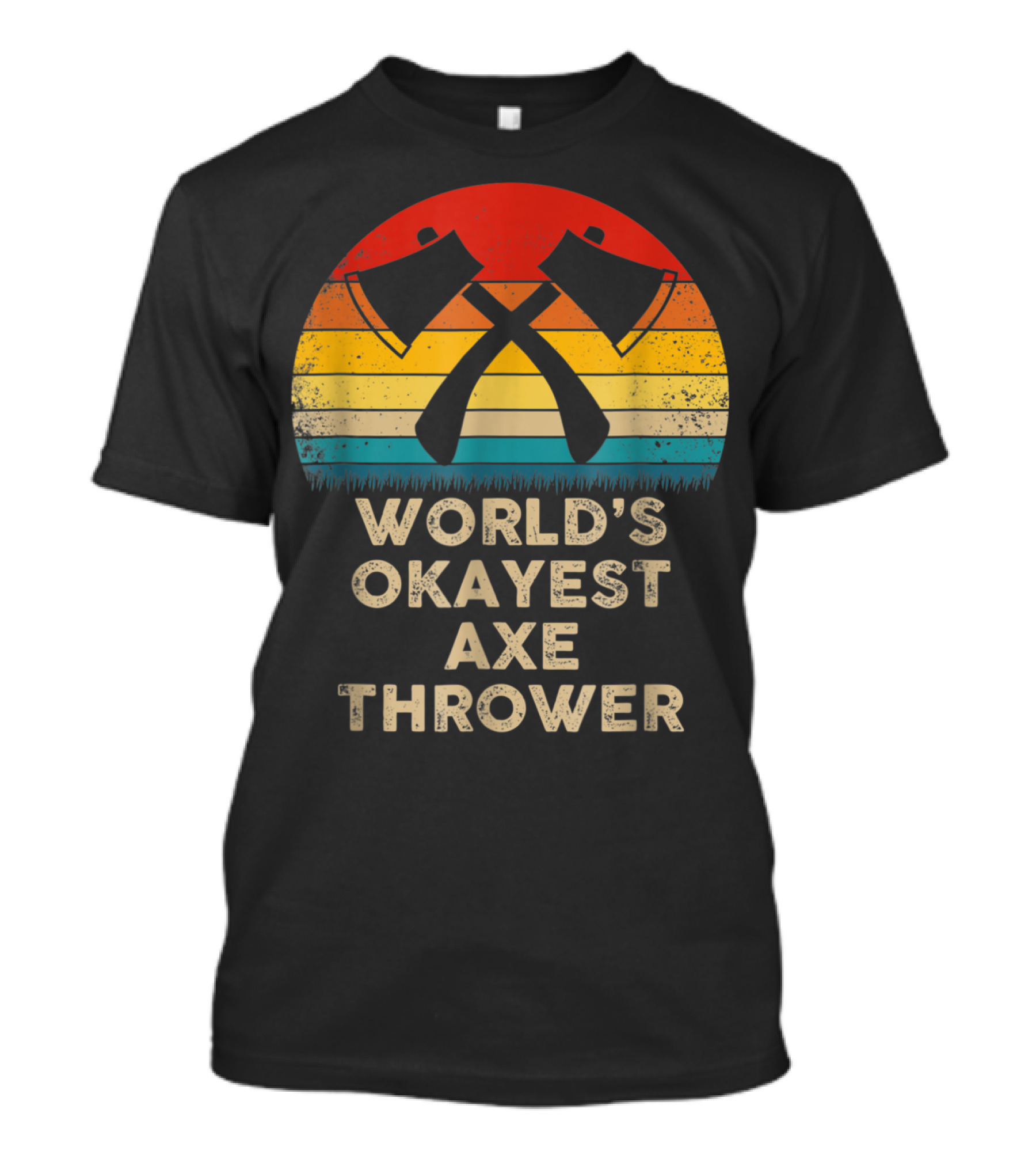 World's Okayest Axe Thrower Retro Axes Crossed Sunset T-Shirt