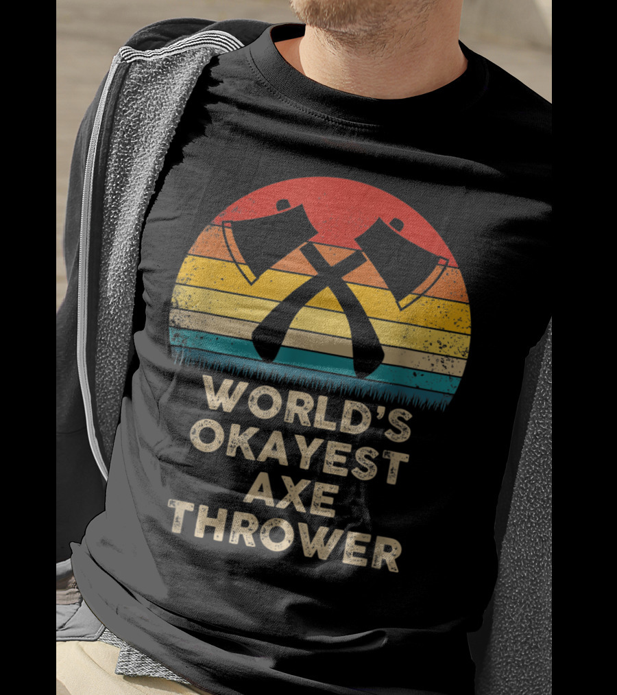 World's Okayest Axe Thrower Retro Axes Crossed Sunset T-Shirt