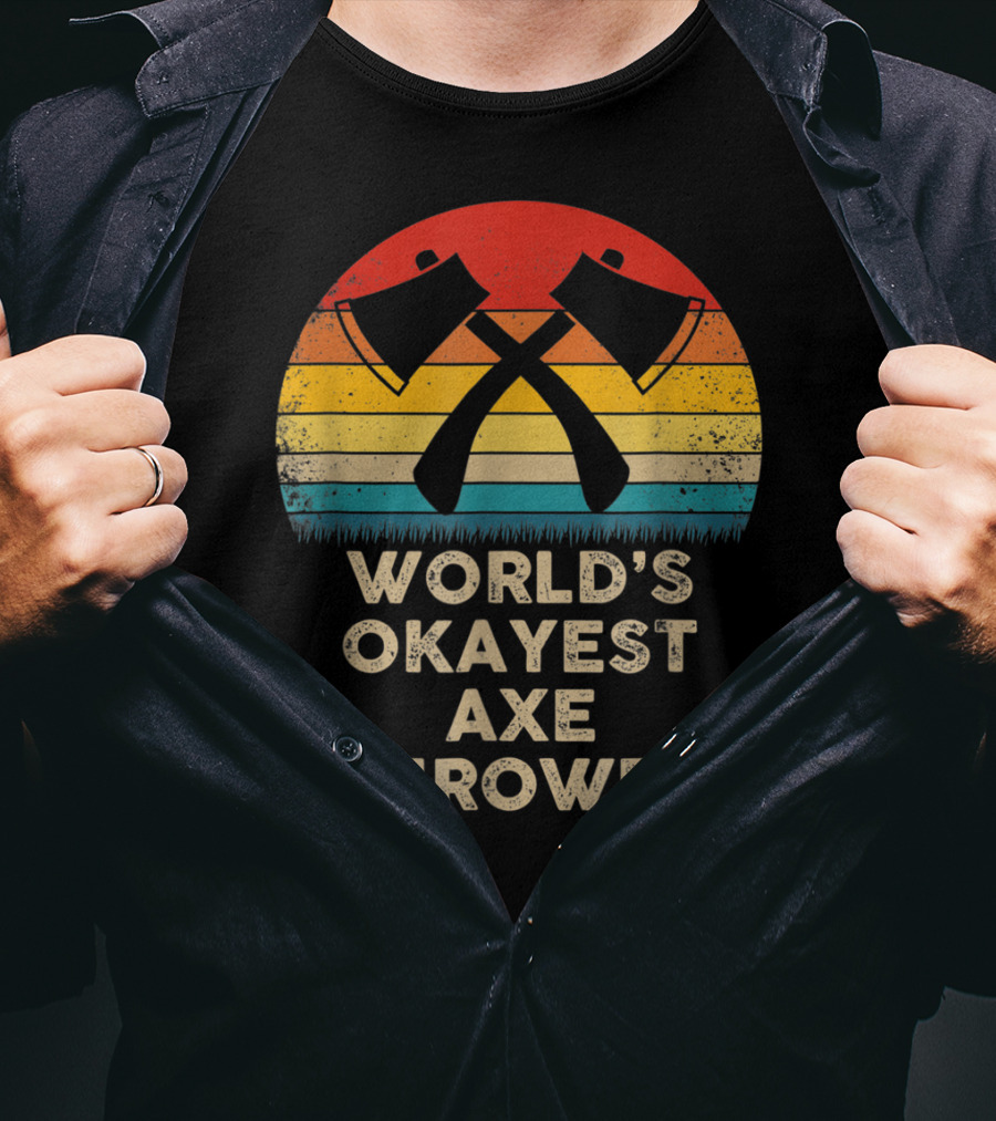 World's Okayest Axe Thrower Retro Axes Crossed Sunset T-Shirt