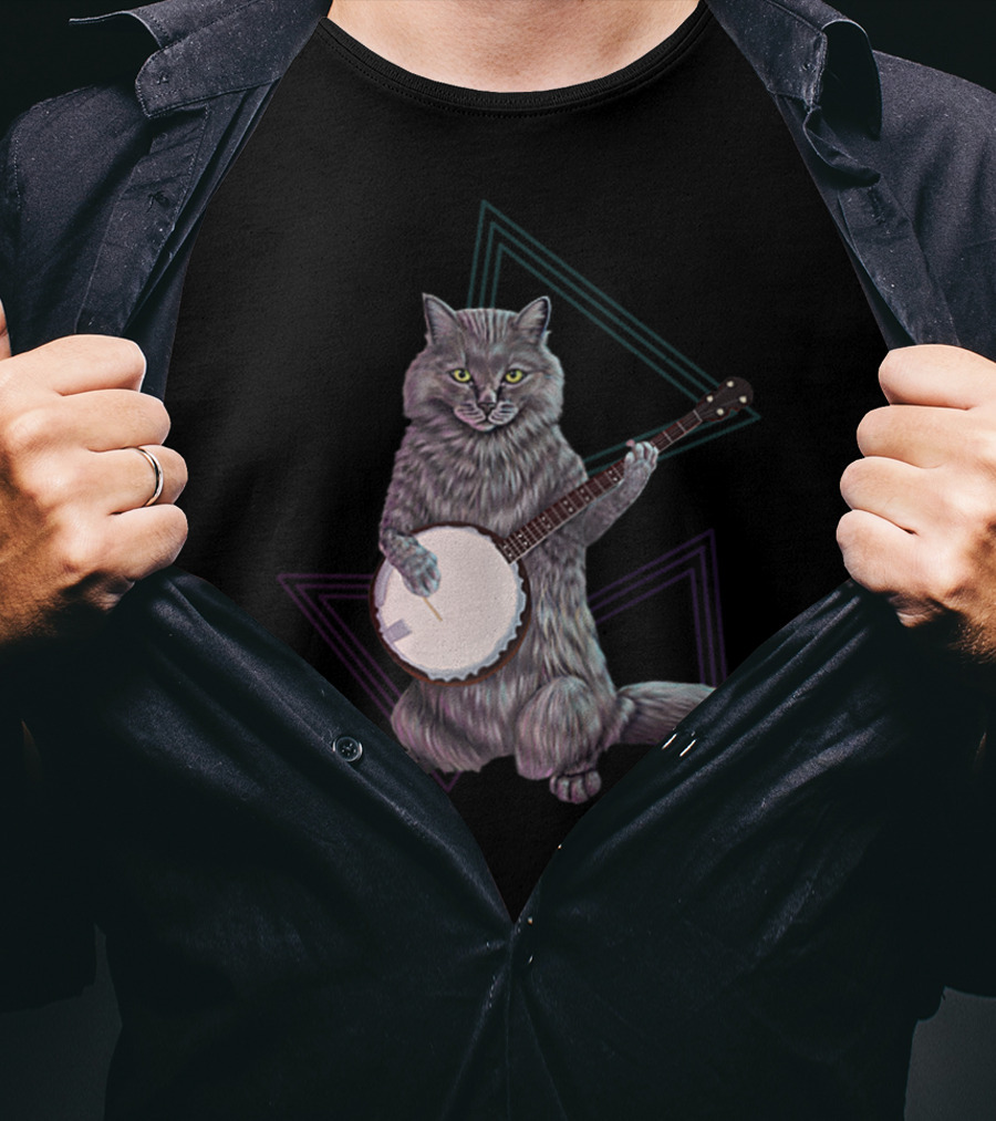 Banjo Cat Rock Kitty Playing The Banjo Triangular Neon Background T-Shirt
