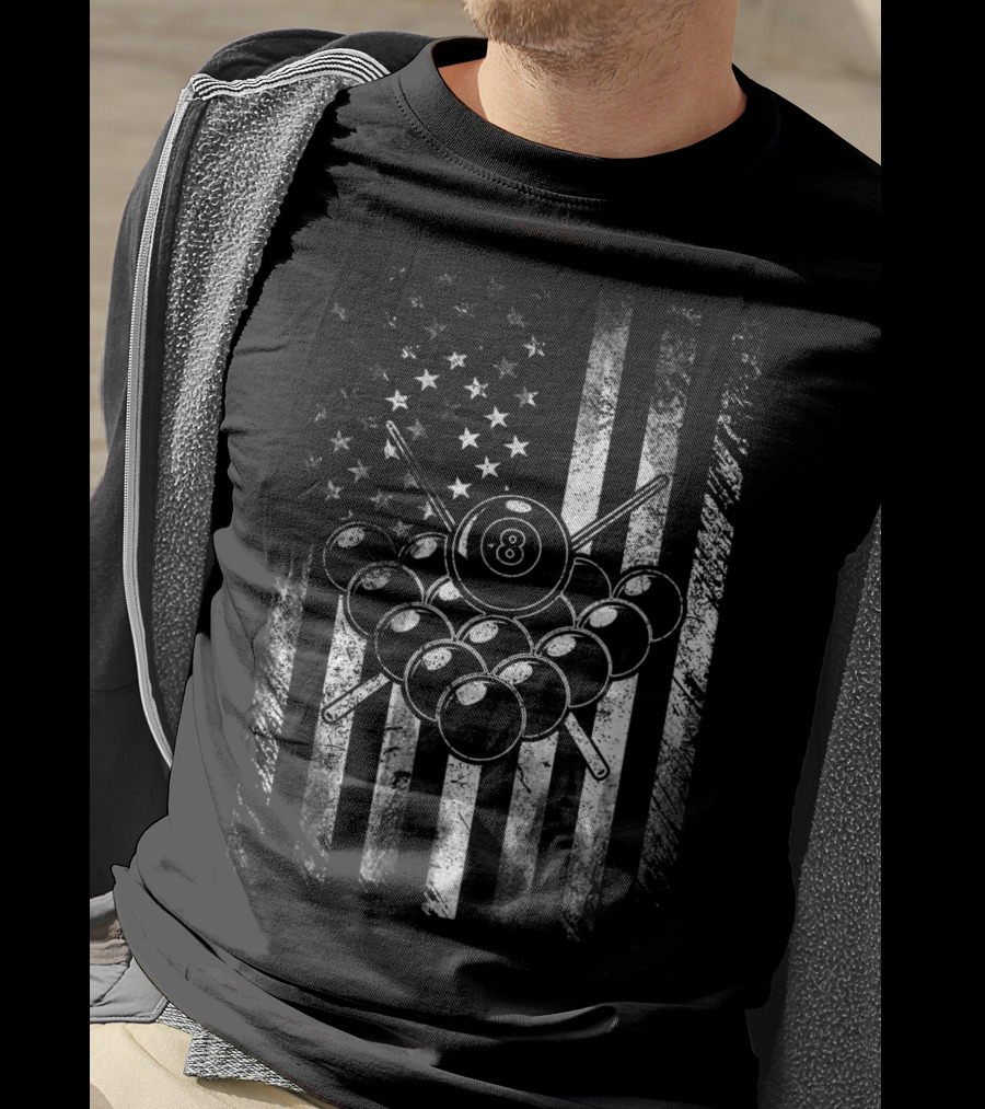American Flag Billiards Player Pool 8 Ball T-Shirt