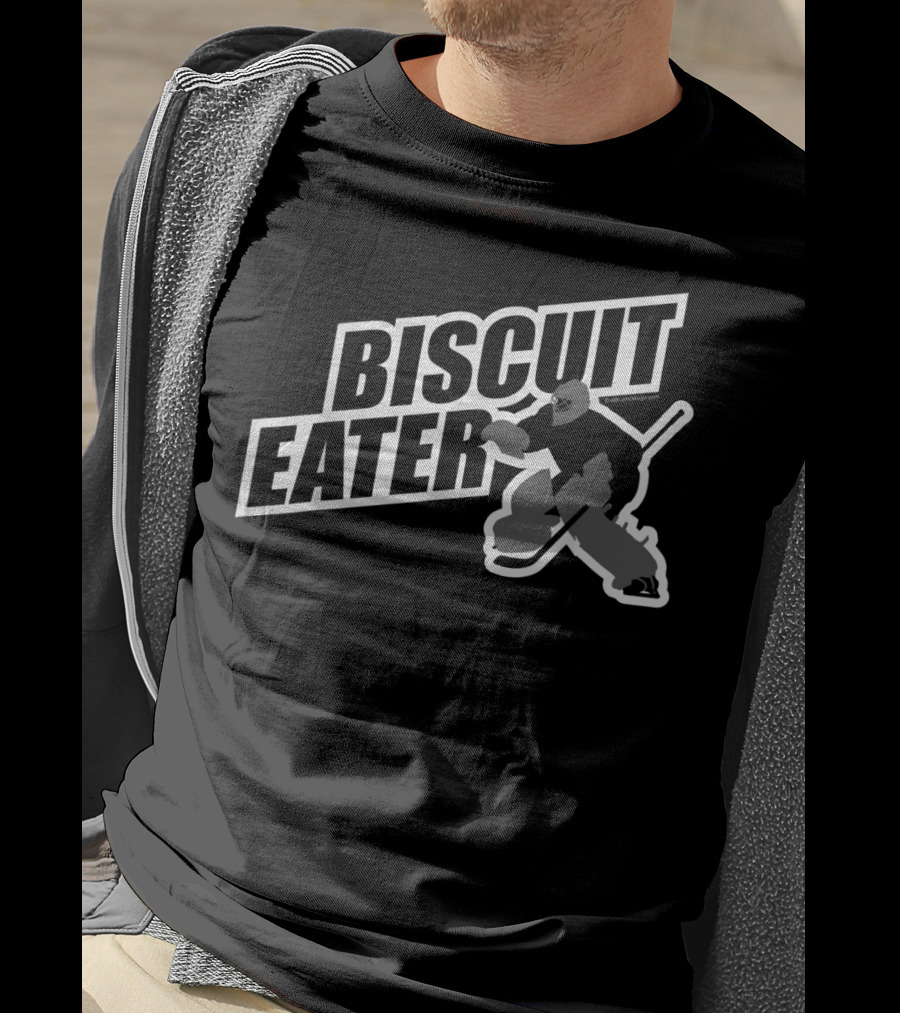 Biscuit Eater Hockey Goalie Retro Style Block Text With Silhouette Of Ice Hockey Player In Action T-Shirt